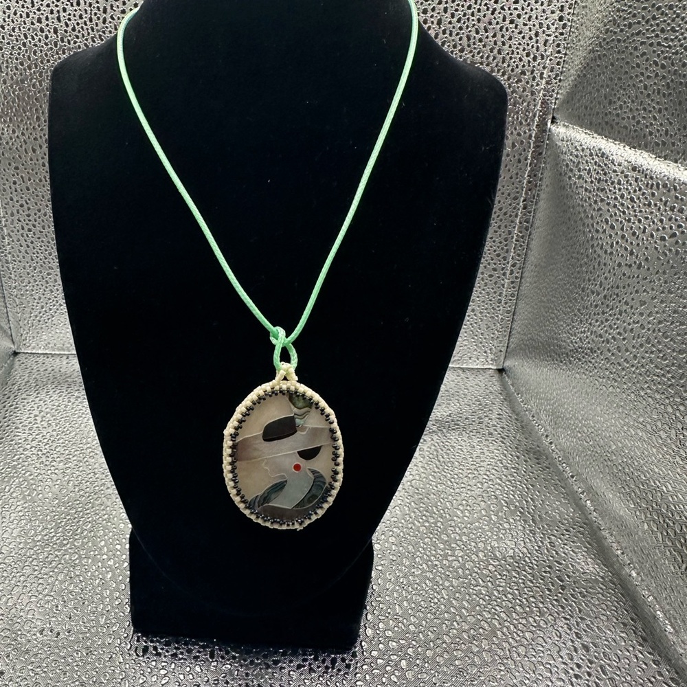 Handcrafted Mother of Pearl Intarsia Seed beaded pendant Necklace.